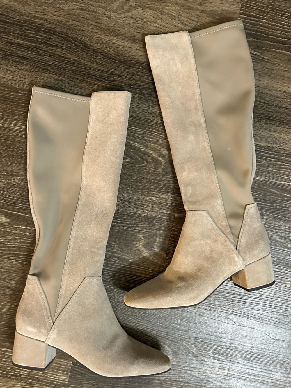 Donald Pliner Knee-High Beige Suede Block Heel Boots Size 8.5